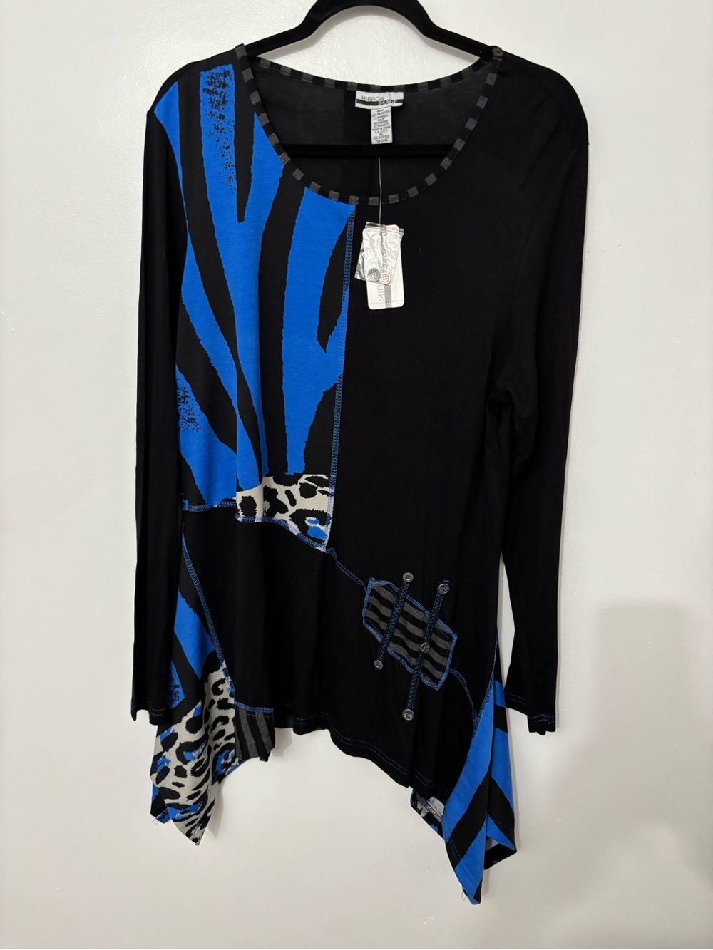 Mirrored Image Black & Blue Long Sleeve Asymmetric Top